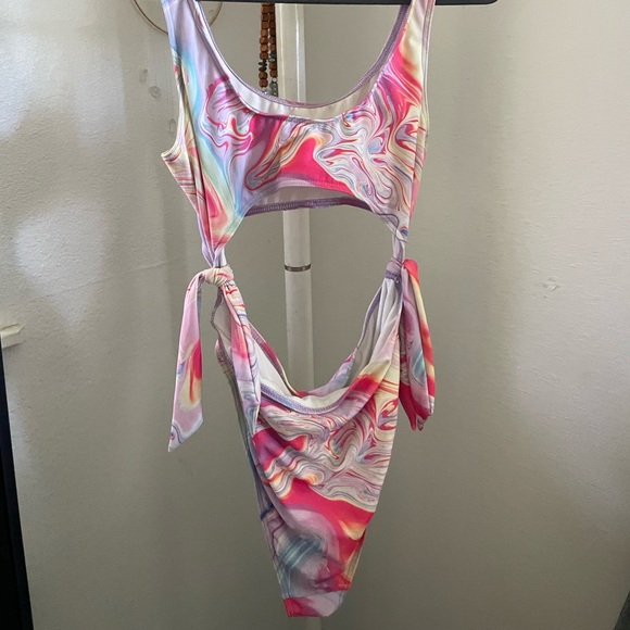 ASOS High Leg Side Tie One Piece Swimsuit // Colorful Marble // 12 - Picture 2 of 4